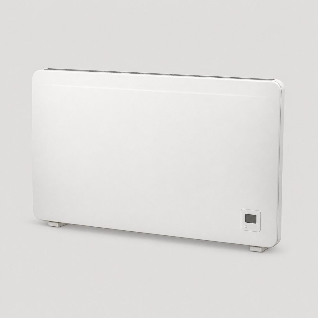 Radiateur electrique a inertie fluide blanc horizontal sur fond clair