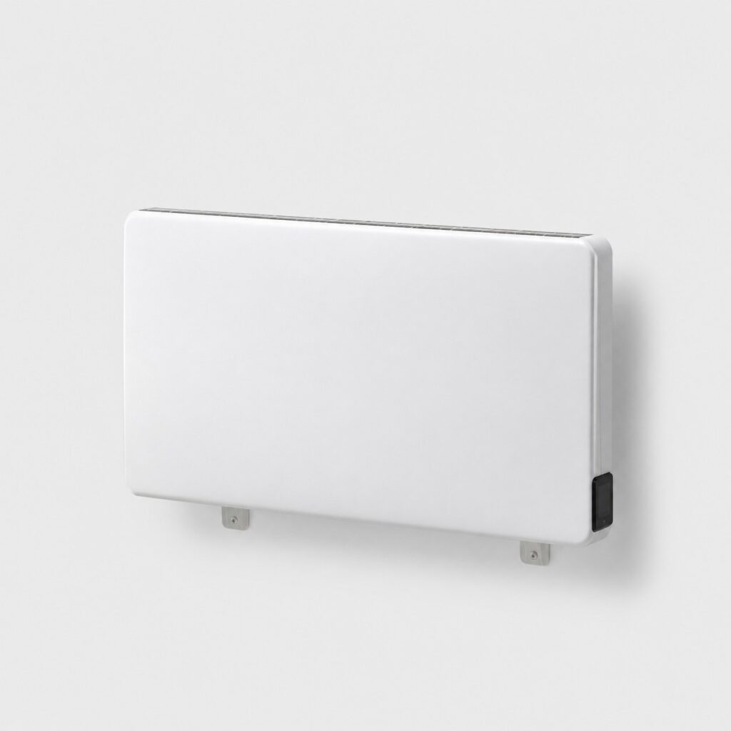 Radiateur electrique a inertie blanc de petite largeur sur fond clair