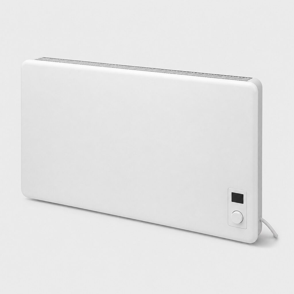 Radiateur electrique a inertie blanc avec boitier de commande sur fond clair