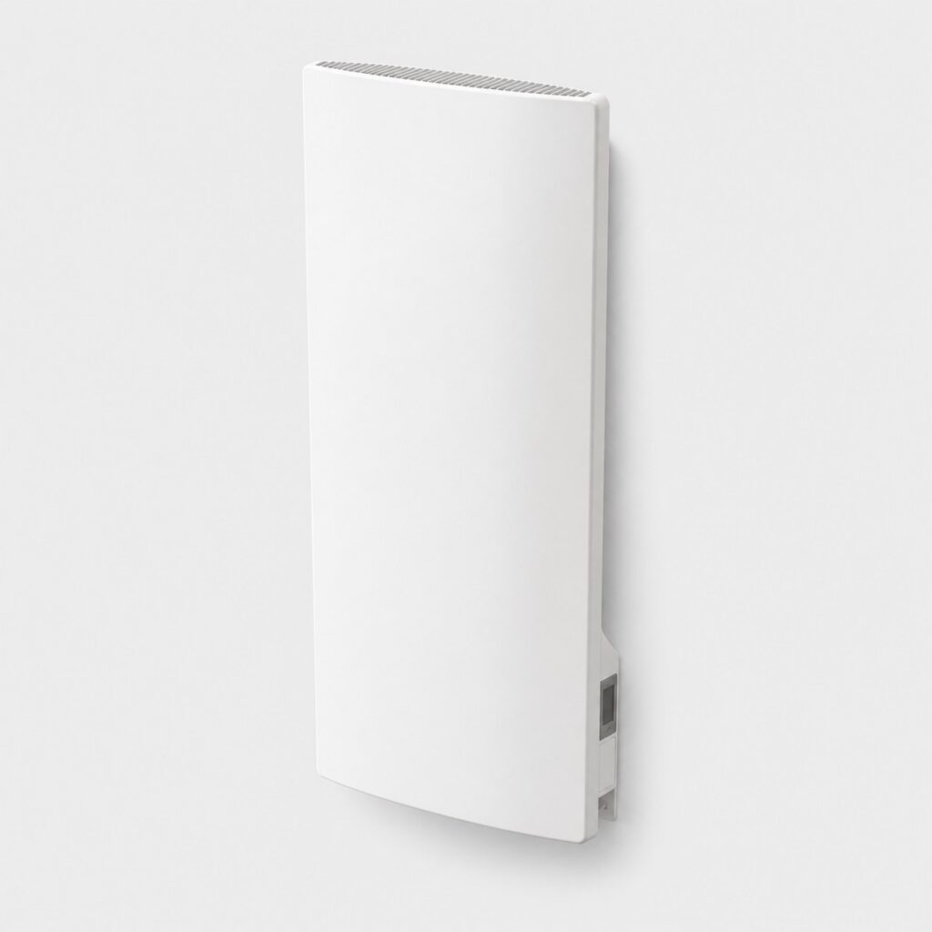 Radiateur electrique vertical blanc haut et etroit sur fond clair
