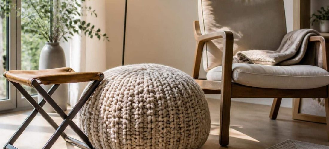 découvrez comment l'ajout d'une assise d'appoint nomade dépend parfaitement du pouf tricoté, alliant confort et design pour un espace modulable.